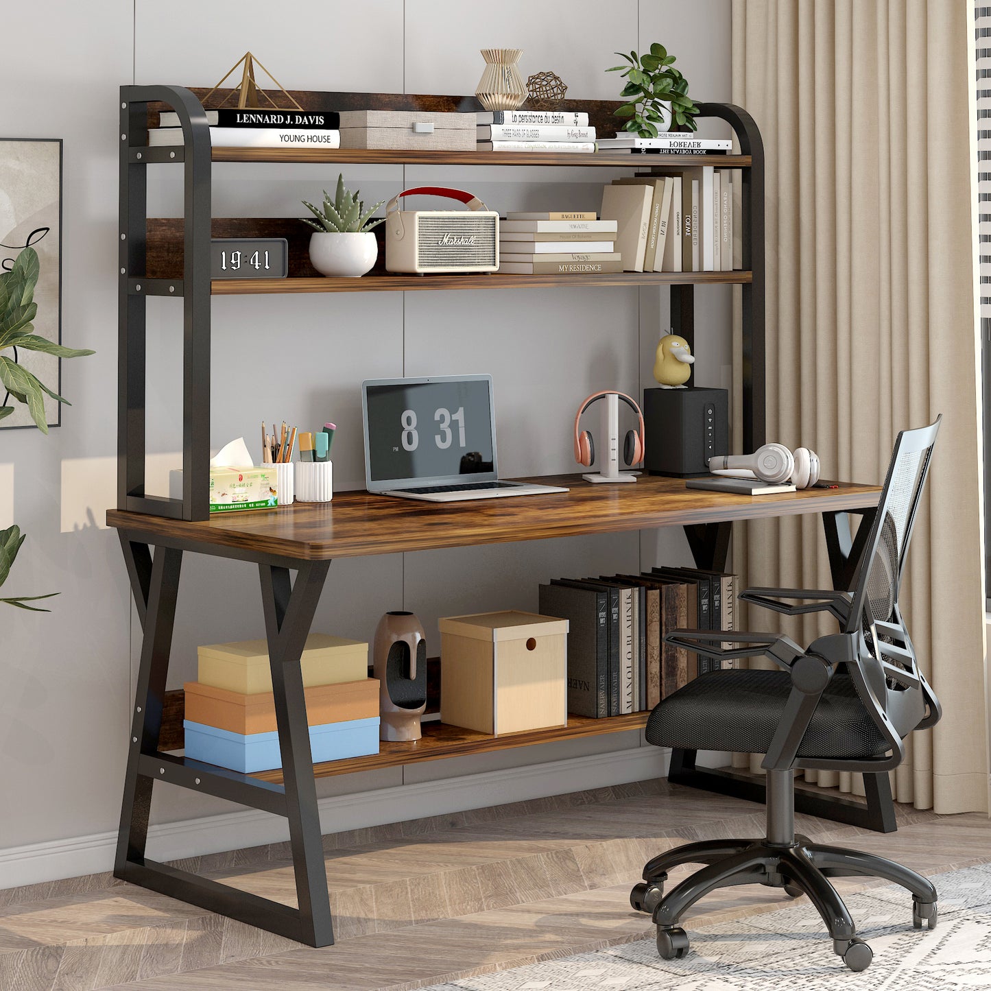 Large Industrial Office Desk Computer Table with Bookshelf Rustic Wood