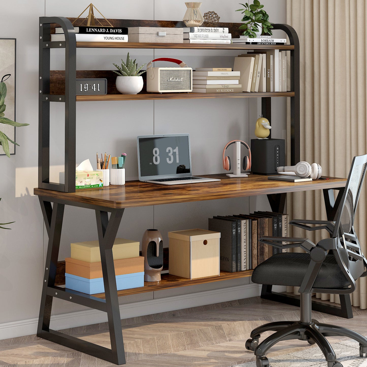 Large Industrial Office Desk Computer Table with Bookshelf Rustic Wood