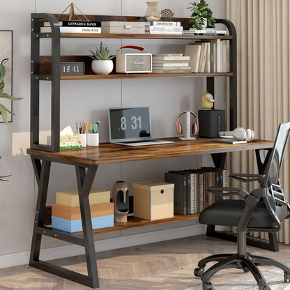 Large Industrial Office Desk Computer Table with Bookshelf Rustic Wood