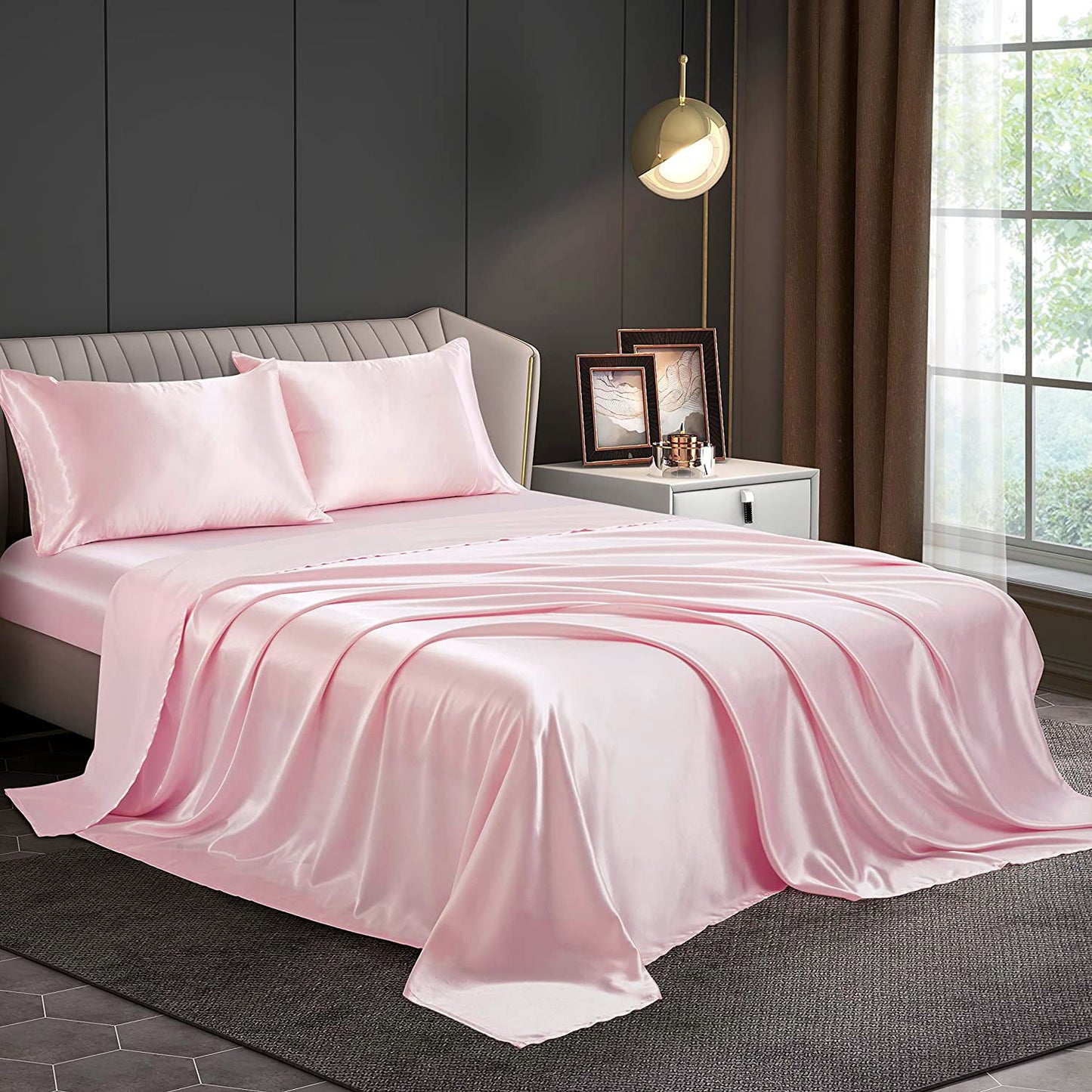 Queen Silky Satin Bed Sheet Set Luxurious Soft Pink Bedding