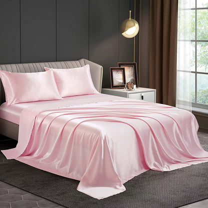 King Size Silky Satin Bed Sheet Set 4-Piece Soft and Smooth Pink