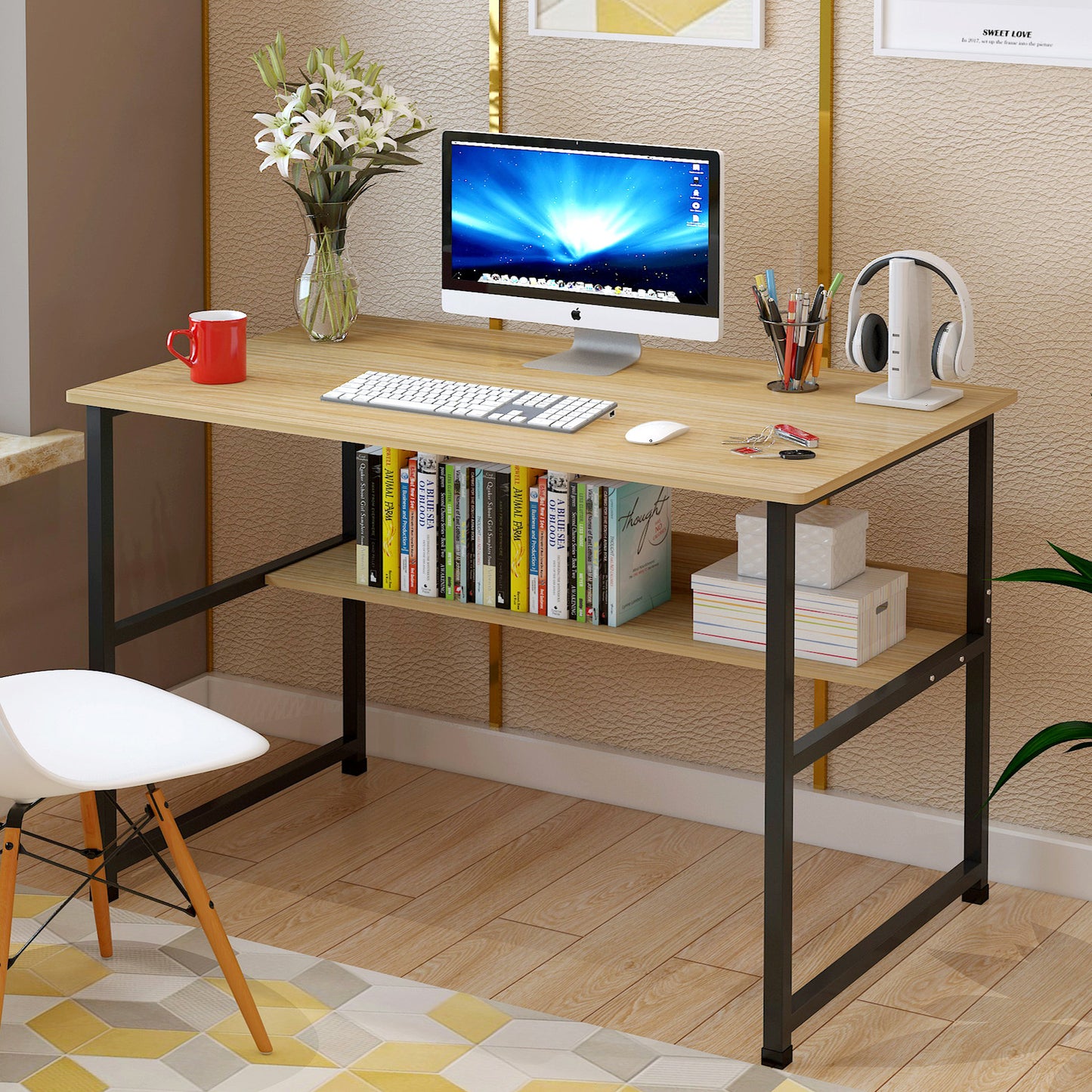 Modern Wood and Metal Computer Desk with Shelf Oak