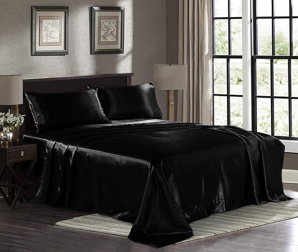 King Size Silky Satin Bed Sheet Set Luxurious Soft Bedding Black