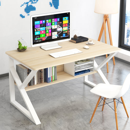 80cm Wood and Metal Computer Desk with Shelf White Oak