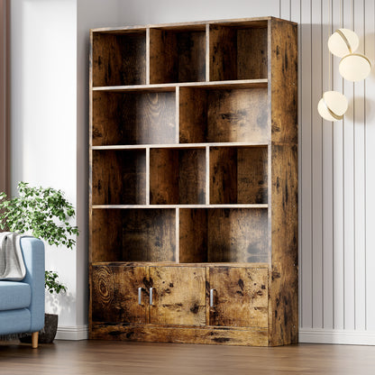 Spacious 10-Shelf 3-Door Wardrobe Cupboard Bookshelf Cabinet Rustic Wood