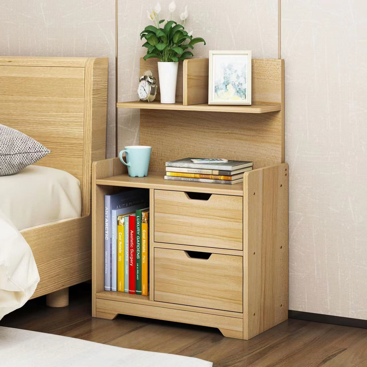 Elegant Oak Bedside Table with Drawers and Shelf