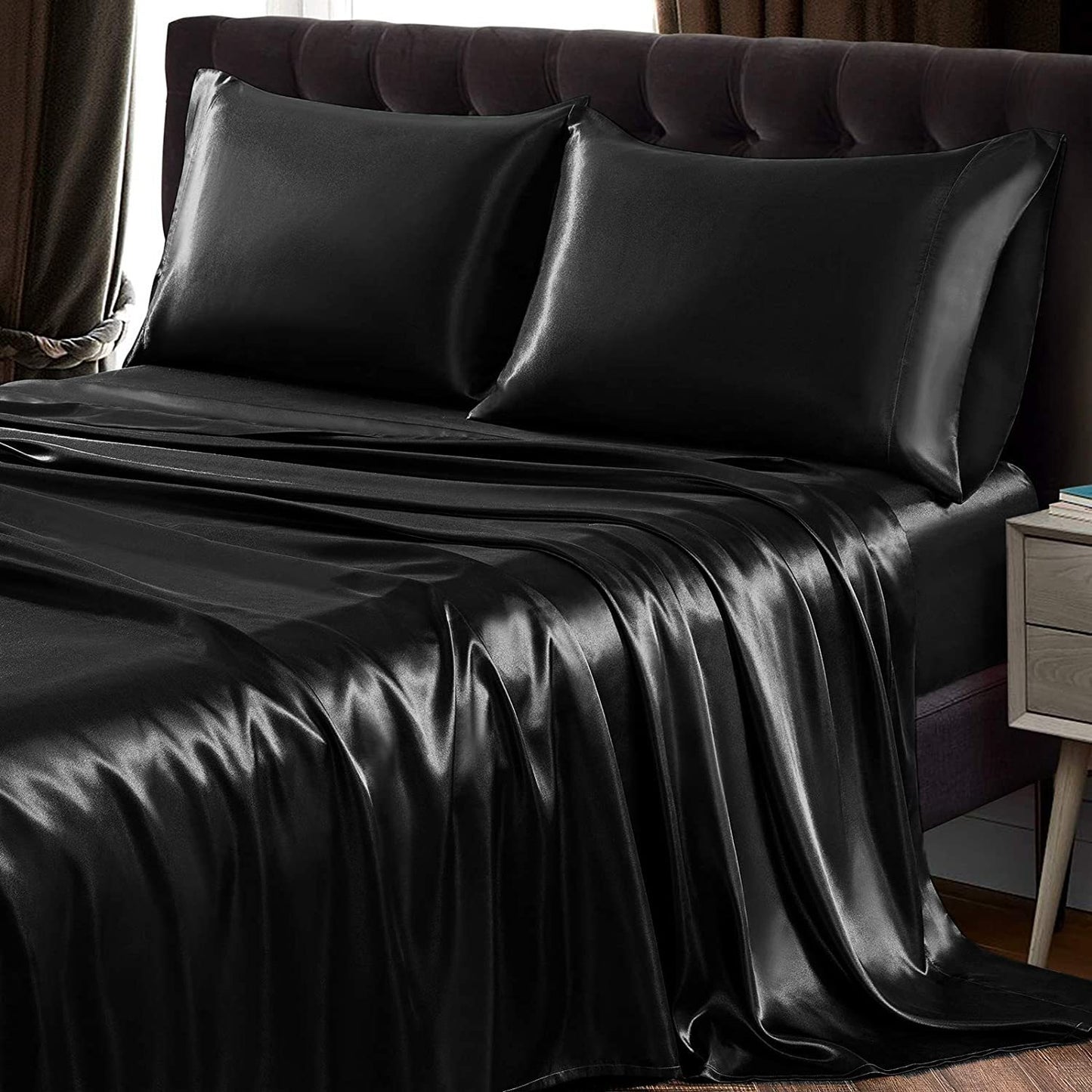 King Size Silky Satin Bed Sheet Set Luxurious Soft Bedding Black