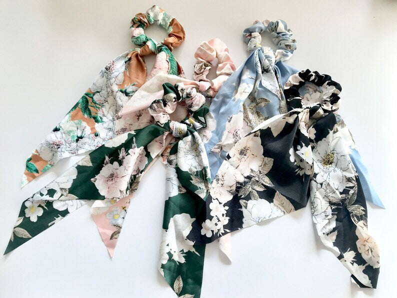 Silky Satin Floral Hair Scarf Scrunchies Ponytail Bow Hairband Headwear