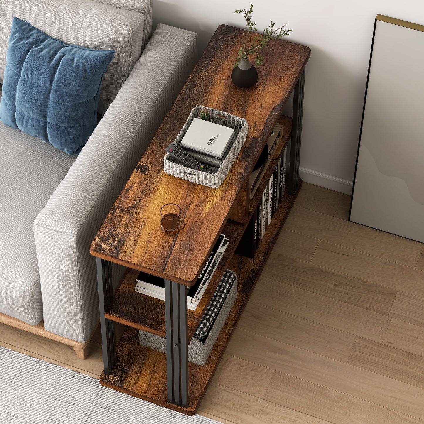 Rustic Wood and Steel Sofa Side Table with Shelves