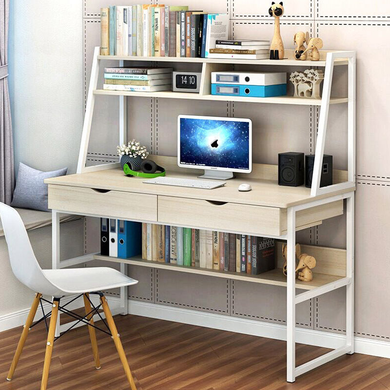 Spacious Office Computer Desk Workstation with Shelves and Drawers White Oak