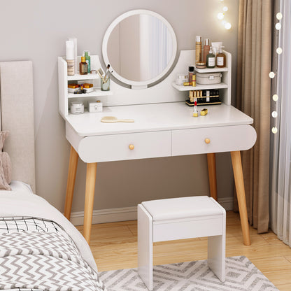 Elegant Vanity Table with Mirror Stool and Storage Drawers Set