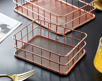 Elegant Rose Gold Metal Storage Basket Desktop Organizer