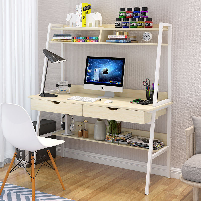 Modern Computer Desk with Shelves and Drawers White Oak