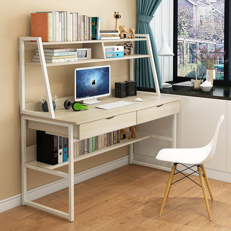 Spacious Office Computer Desk Workstation with Shelves and Drawers White Oak