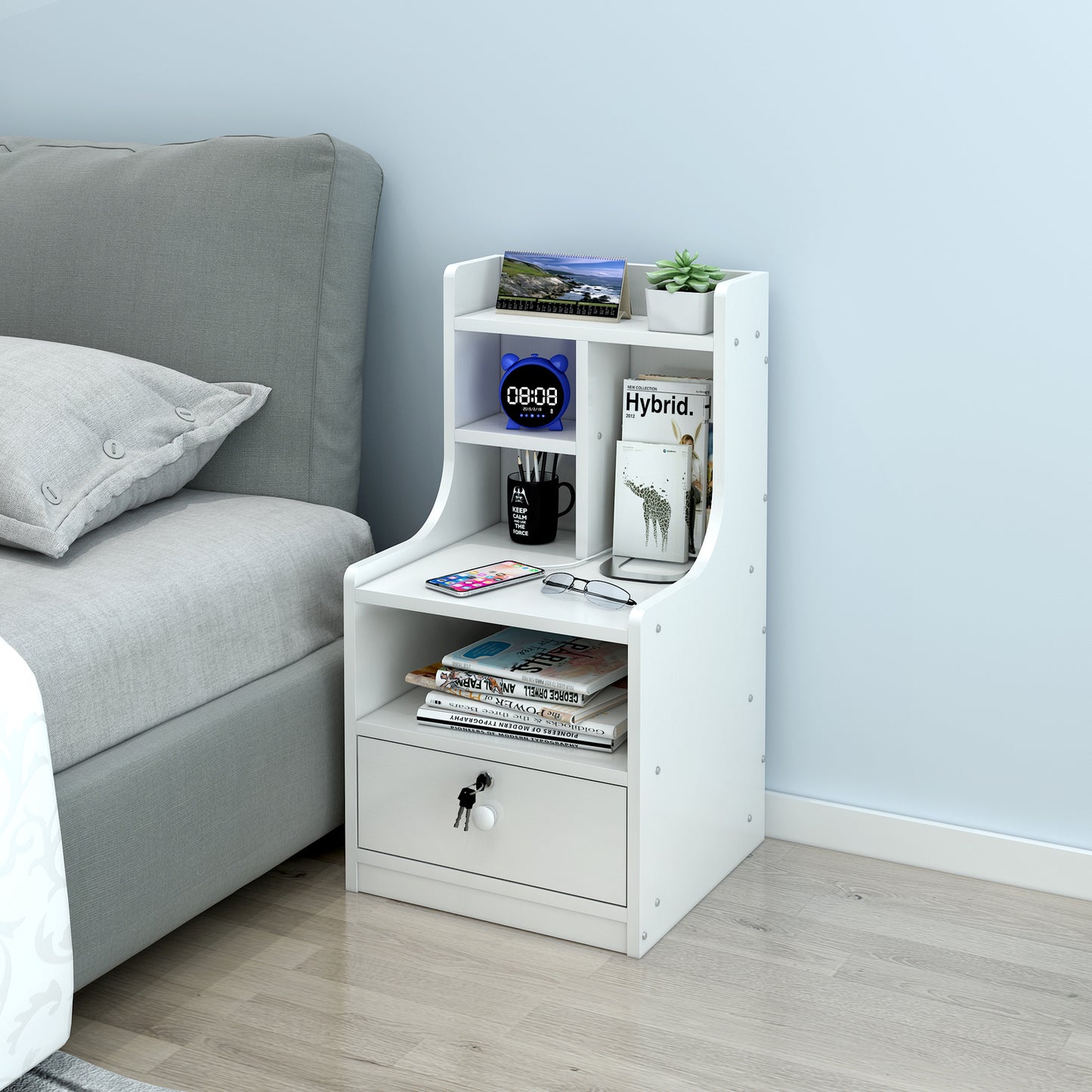 Tall Bedside Table with Drawer and Shelf White