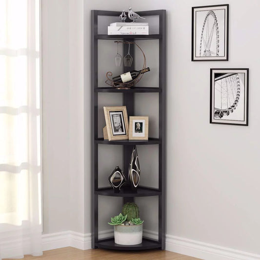 5 Tier Wood and Steel Corner Shelf Organizer Unit Black