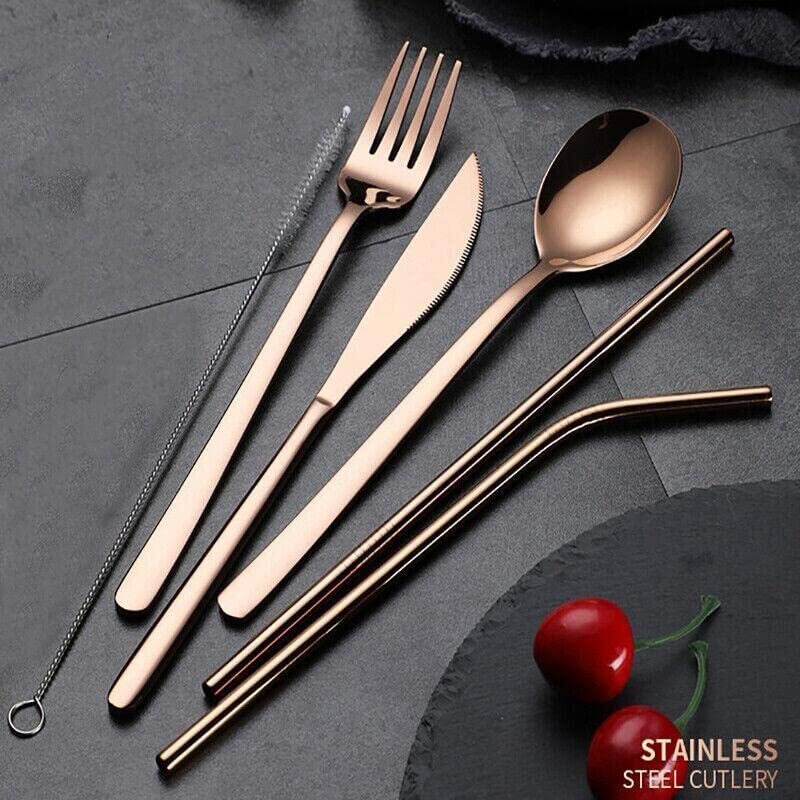 Premium 9PC Stainless Steel Travel Cutlery Set Rose Gold