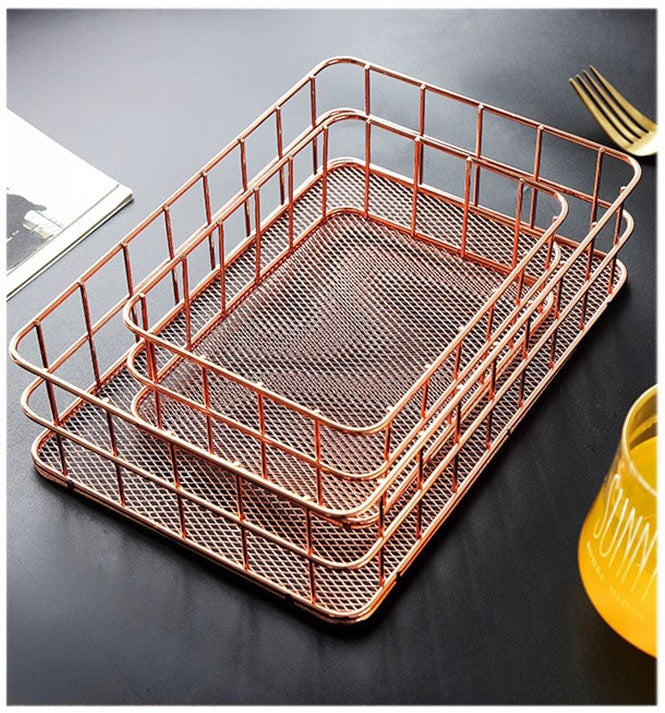 Elegant Rose Gold Metal Storage Basket Desktop Organizer