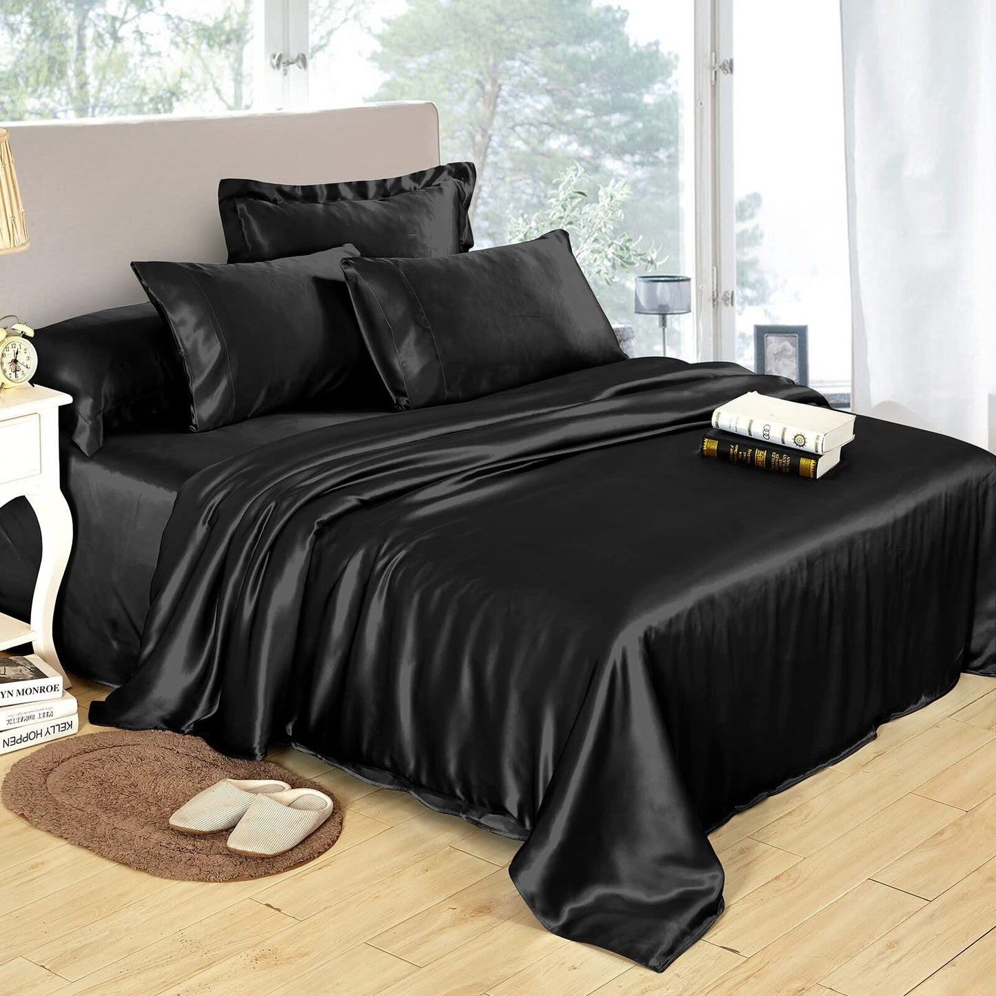 King Size Silky Satin Bed Sheet Set Luxurious Soft Bedding Black