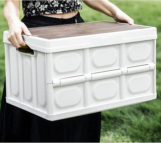 56L Large Portable Folding Outdoor Storage Box Garden Deck Container White Wood