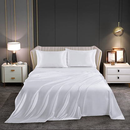 Queen Silky Satin Bed Sheet Set Soft and Smooth White