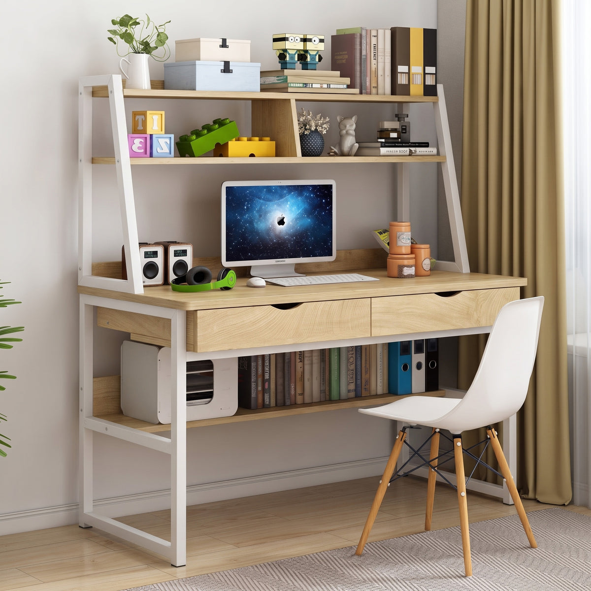 Spacious Office Computer Desk Workstation with Shelves and Drawers Oak & White