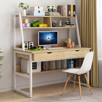 Spacious Office Computer Desk Workstation with Shelves and Drawers Oak & White
