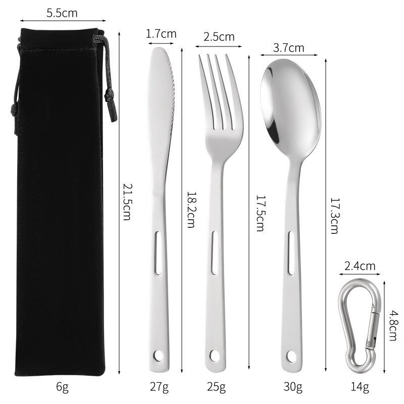 Travel Stainless Steel Cutlery Set with Carabiner and Bag for Camping and Outdoor