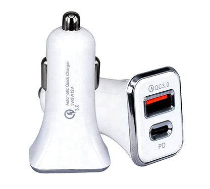 36W Fast USB C Charger PD Quick Charge QC 3.0 Dual Port Car Adapter White