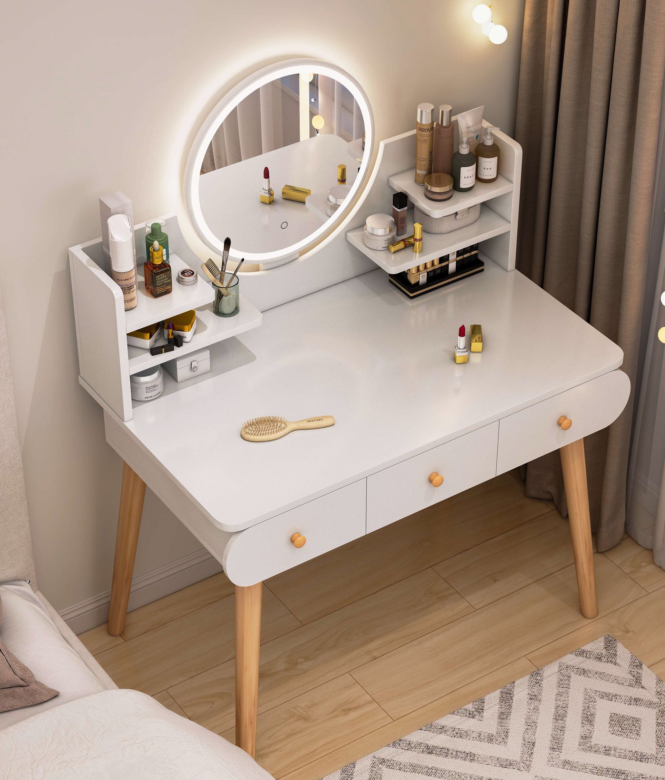 Beauty LED Vanity Dressing Table with Mirror Stool and Storage Drawers Set