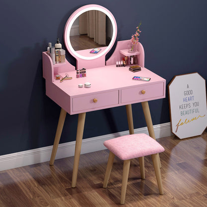 Princess Vanity Table with LED Mirror Stool and Storage Drawers Set Pink