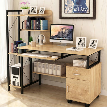 Multi-function Computer Desk Workstation with Shelves and Cabinet Rustic Oak