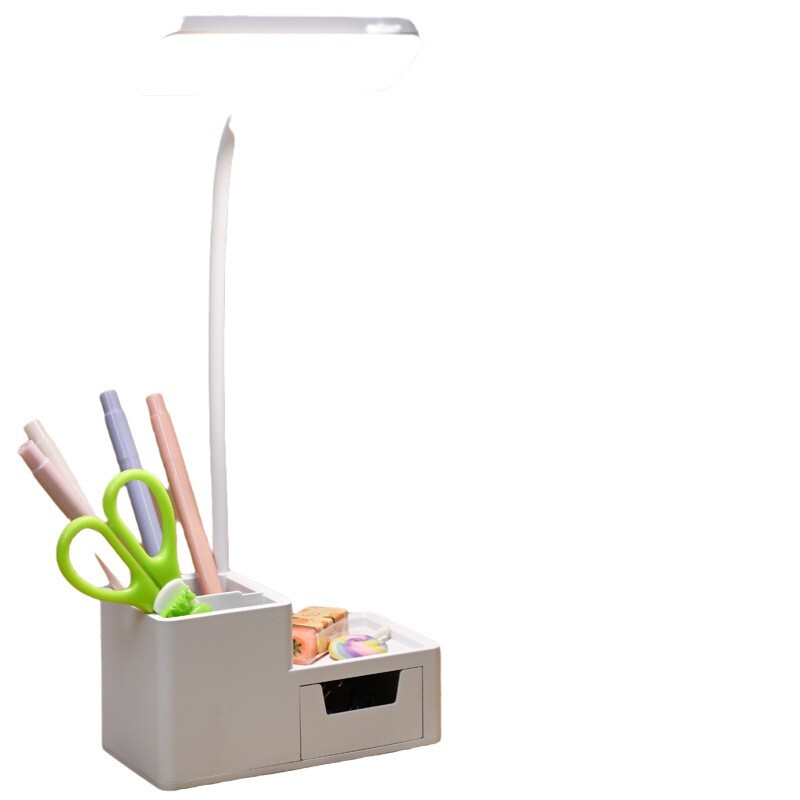 Eye-Protecting LED Night Light Desk Lamp with Pen Holder and Drawer White