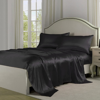 King Size Silky Satin Bed Sheet Set Luxurious Soft Bedding Black