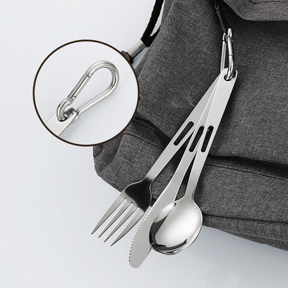 Travel Stainless Steel Cutlery Set with Carabiner and Bag for Camping and Outdoor