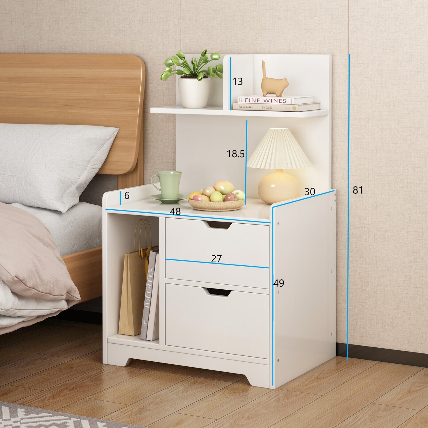 Elegant Tall Bedside Table with Drawers and Shelf Black