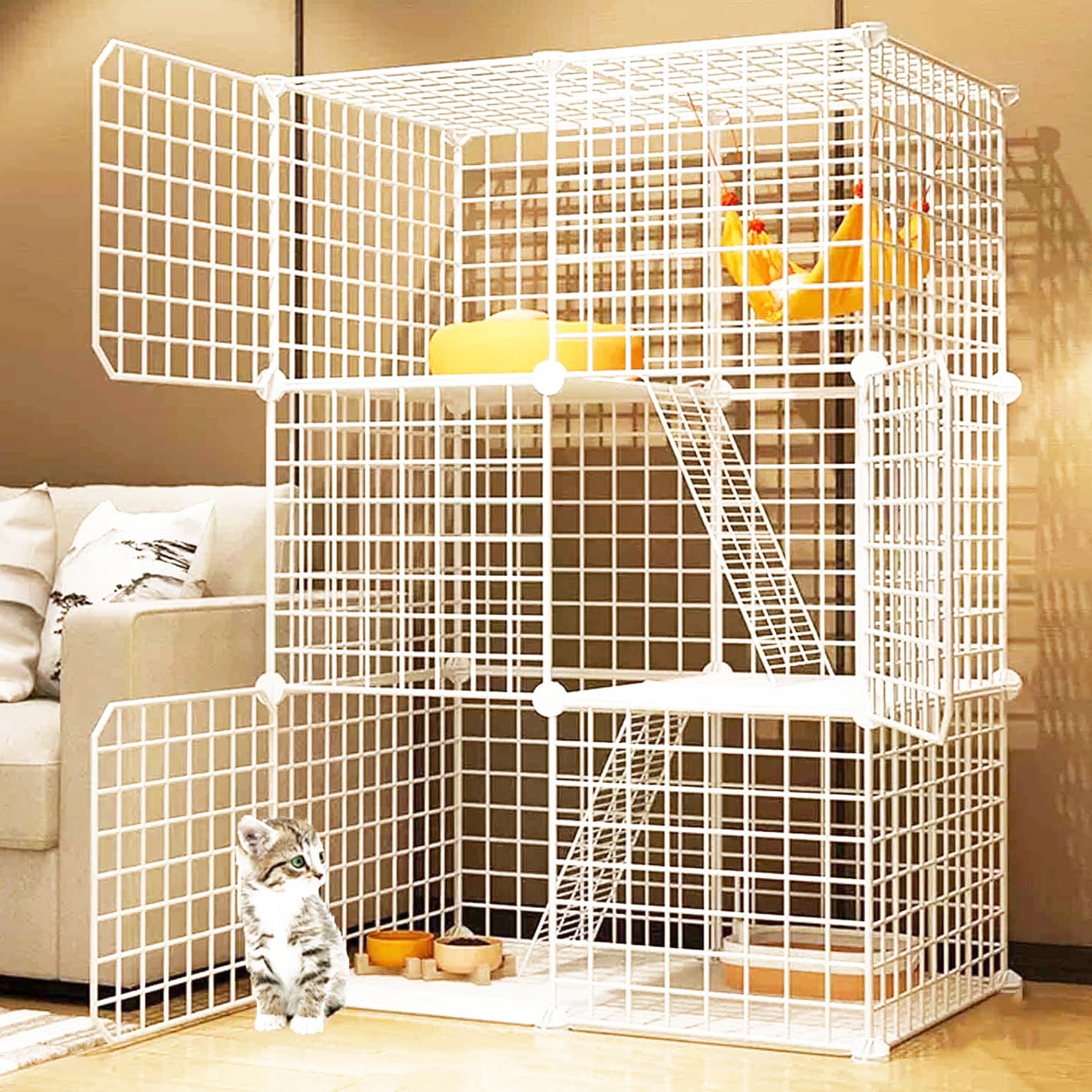 Large Metal Wire Cat Cage Detachable Kennel Playpen Exercise Crate White