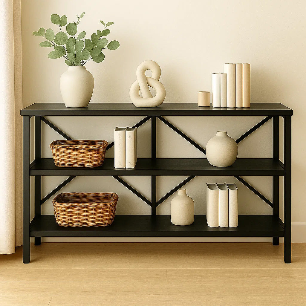 Industrial Console Table TV Stand Bookcase Storage Shelf Unit (Black)