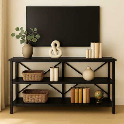 Industrial Console Table TV Stand Bookcase Storage Shelf Unit (Black)