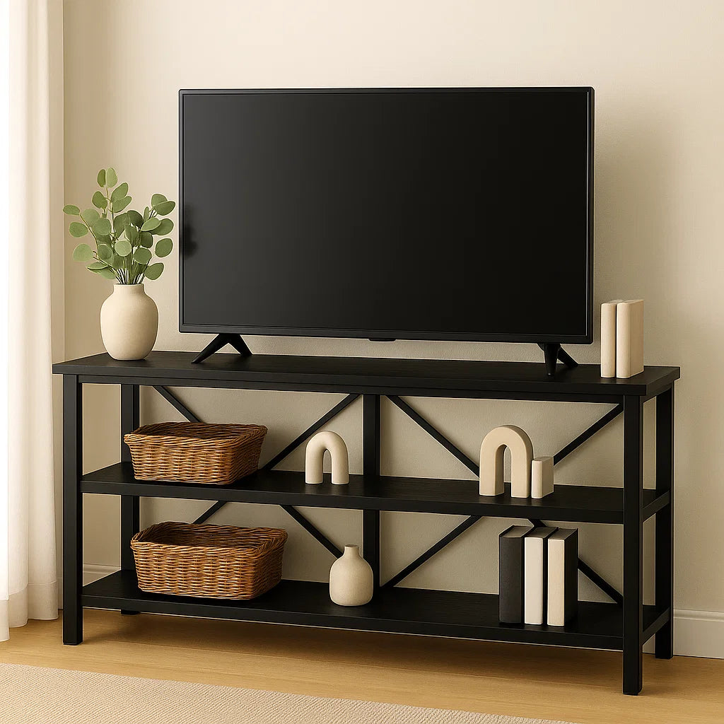 Industrial Console Table TV Stand Bookcase Storage Shelf Unit (Black)
