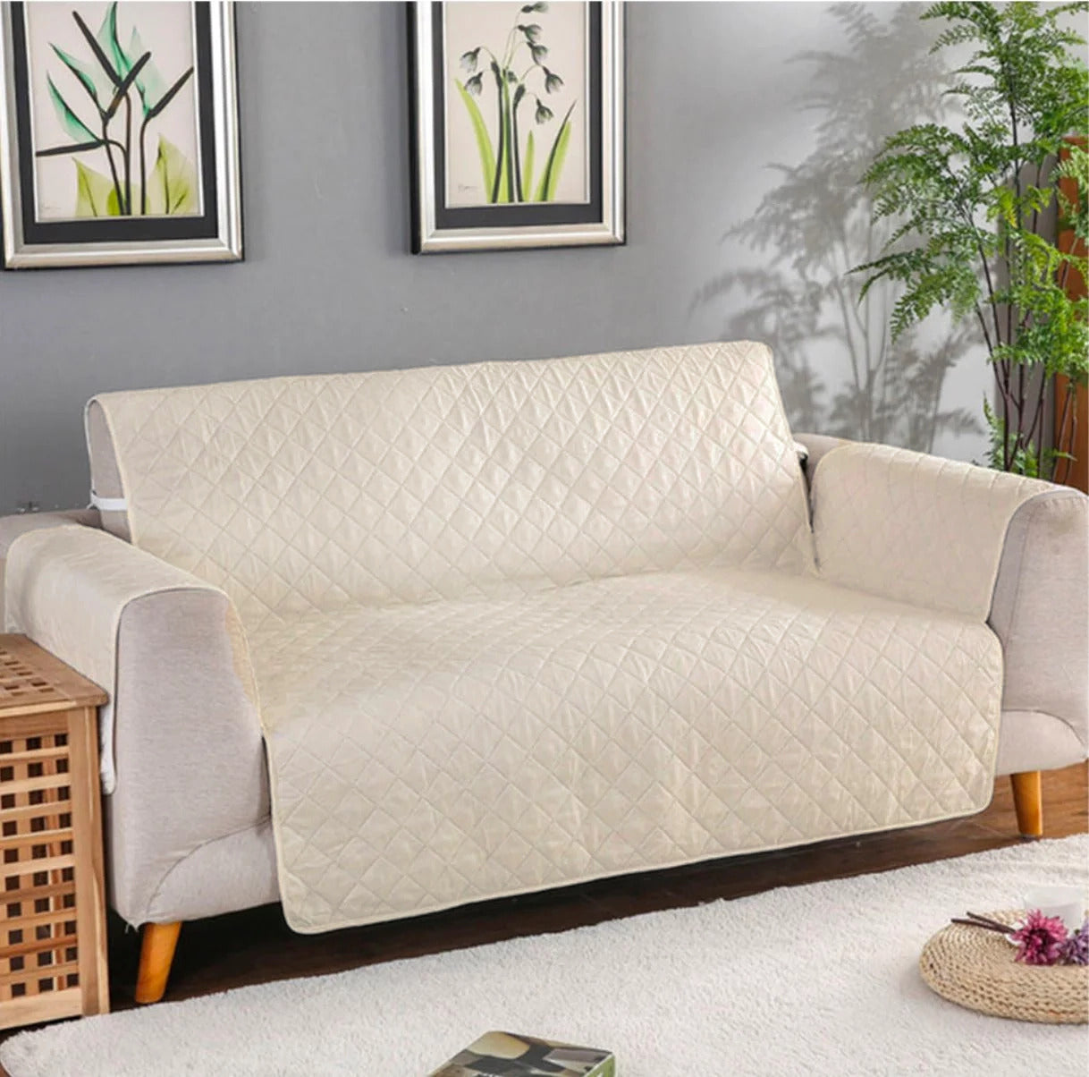 Deluxe Quilted Water Resistant Sofa Slipcover Furniture Protector Cream