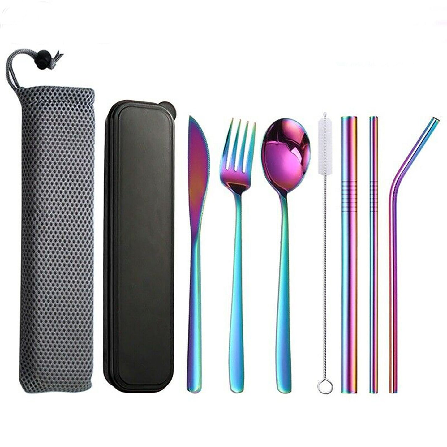 Premium 9PC Stainless Steel Travel Cutlery Set Knife Fork Spoon Straws Colourful