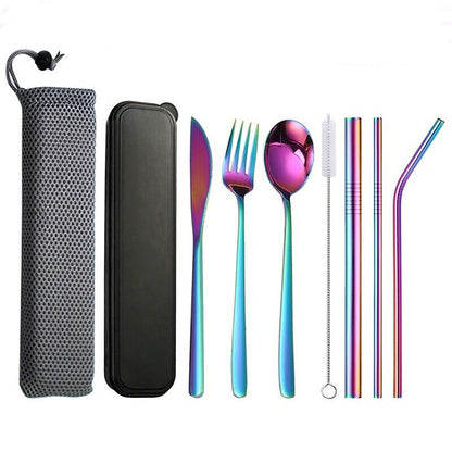 Premium 9PC Stainless Steel Travel Cutlery Set Knife Fork Spoon Straws Colourful