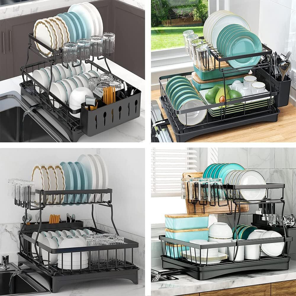 2-Tier Dish Drying Rack Kitchen Organizer with Utensil Holder Black