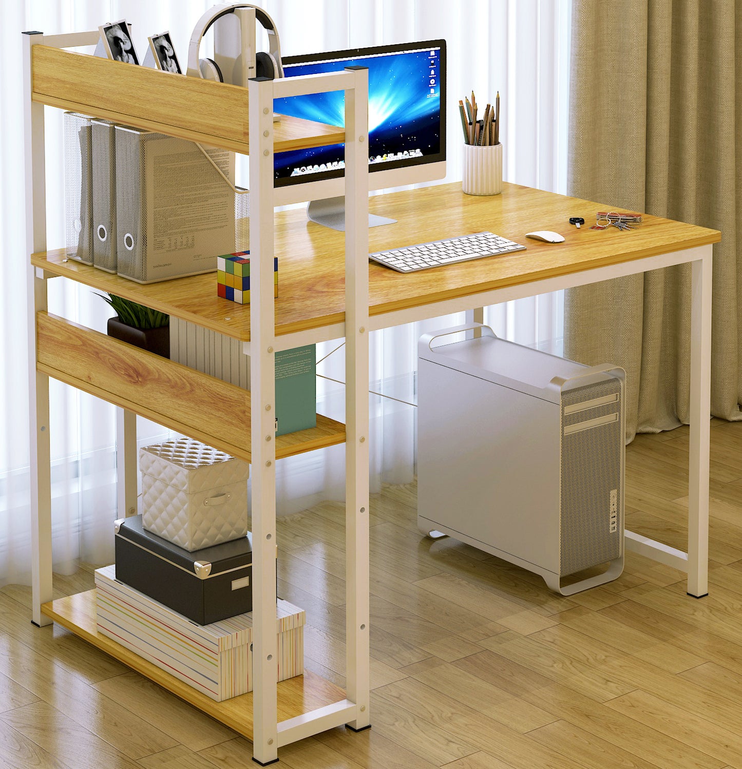 Modern Workstation Computer Desk with Storage Shelves Oak