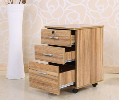 Natural Oak 3 Drawer Bedside Table with Wheels for Bedroom Storage