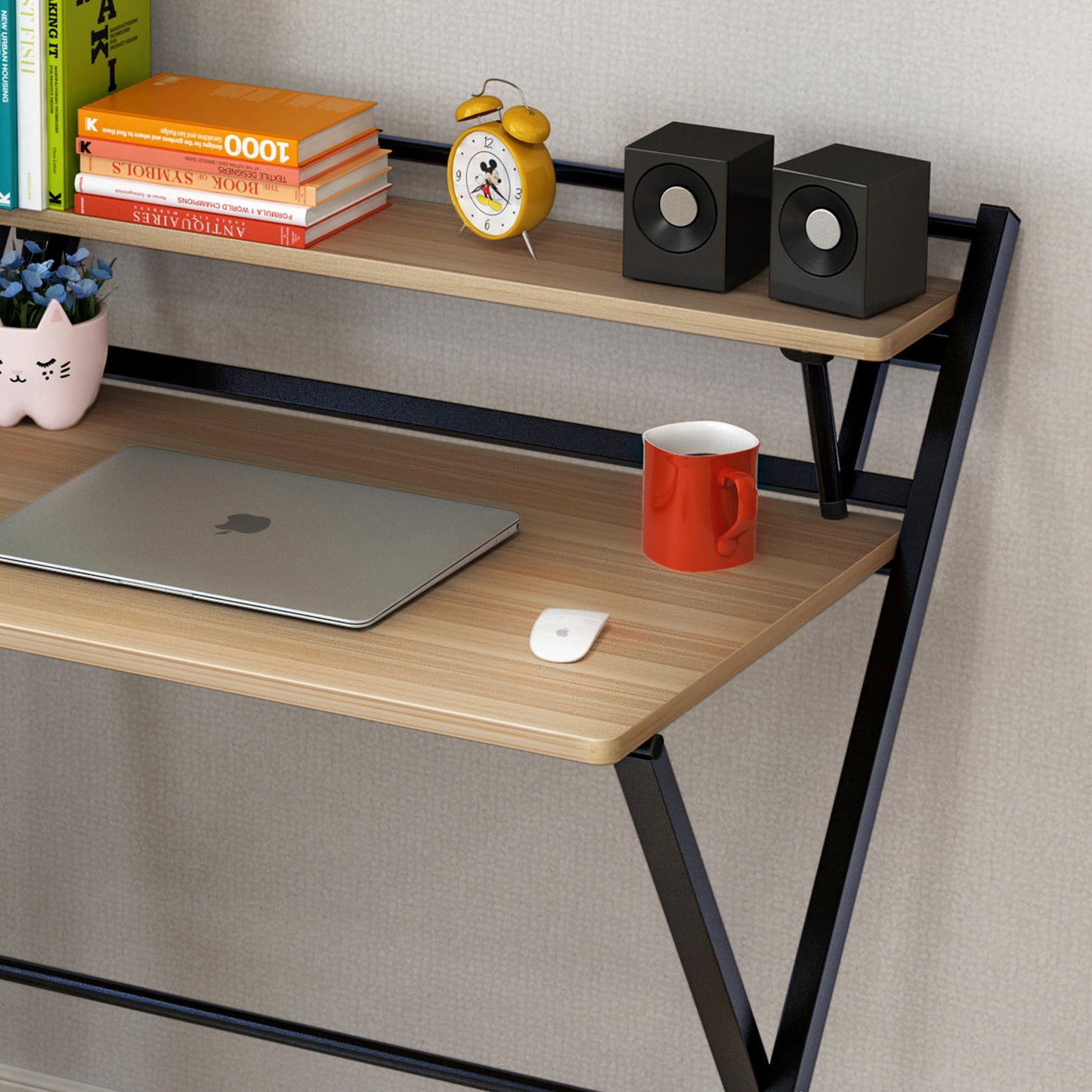 Smart Space-Saving Folding Desk with Storage Shelf Oak