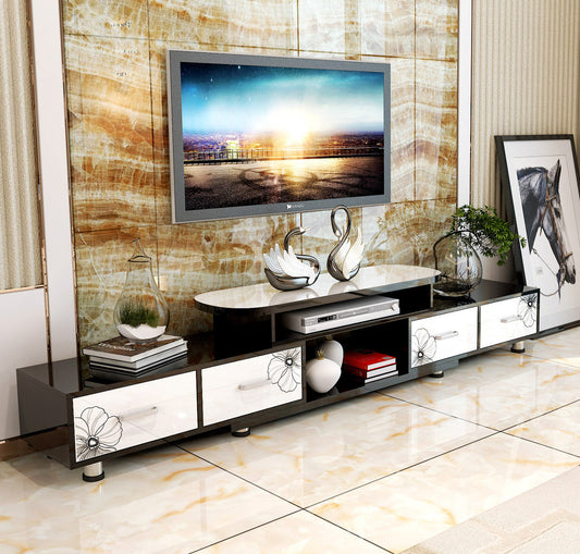 Large Extendable TV Cabinet with 4 Drawers High Gloss White and Black