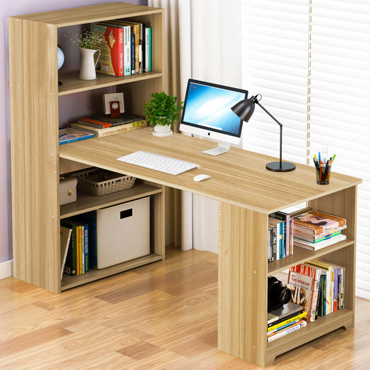 Modern Workstation Computer Desk with 6 Storage Shelves Bookcase Oak