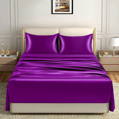 King Size Silky Satin Bed Sheet Set Luxurious Soft Bedding Purple